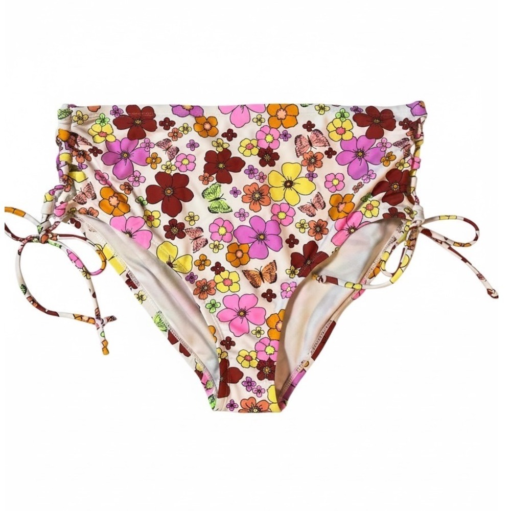 California Sunshine Floral Butterfly Side Tie Bikini Bottom Size 1‎ NWOT